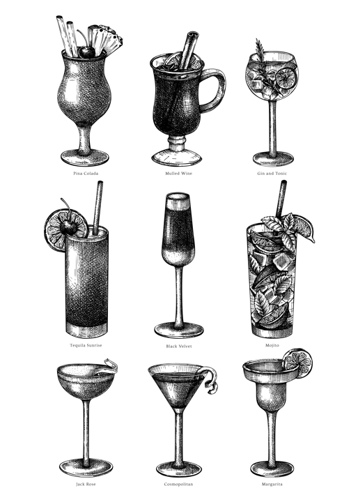 Hand-sketched cocktail illustrations set. Vector sketch of alcoholic drinks in elegant glasses. Popular alcohol cocktails vintage hand-drawing. Perfect for bar or restaurant menu isolated on white